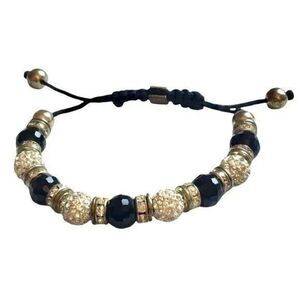 Rhinestone Bead Bracelet Black Cord Silver Tone Costume Jewelry